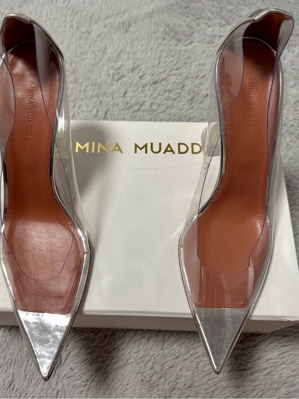Amina Muaddi Clear PVC Pointed Pump with Tan Insole